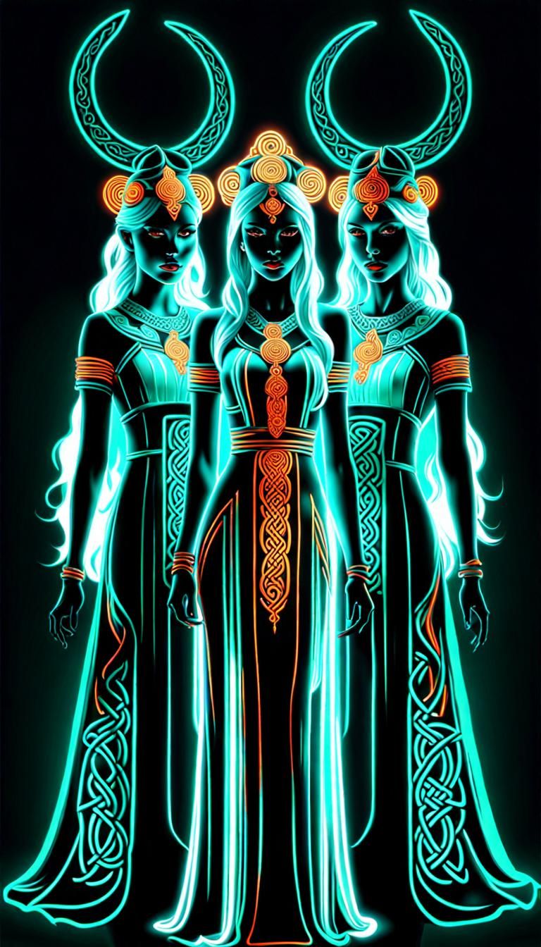 Three-Headed Celtic Woman in Psychedelic Neon Art