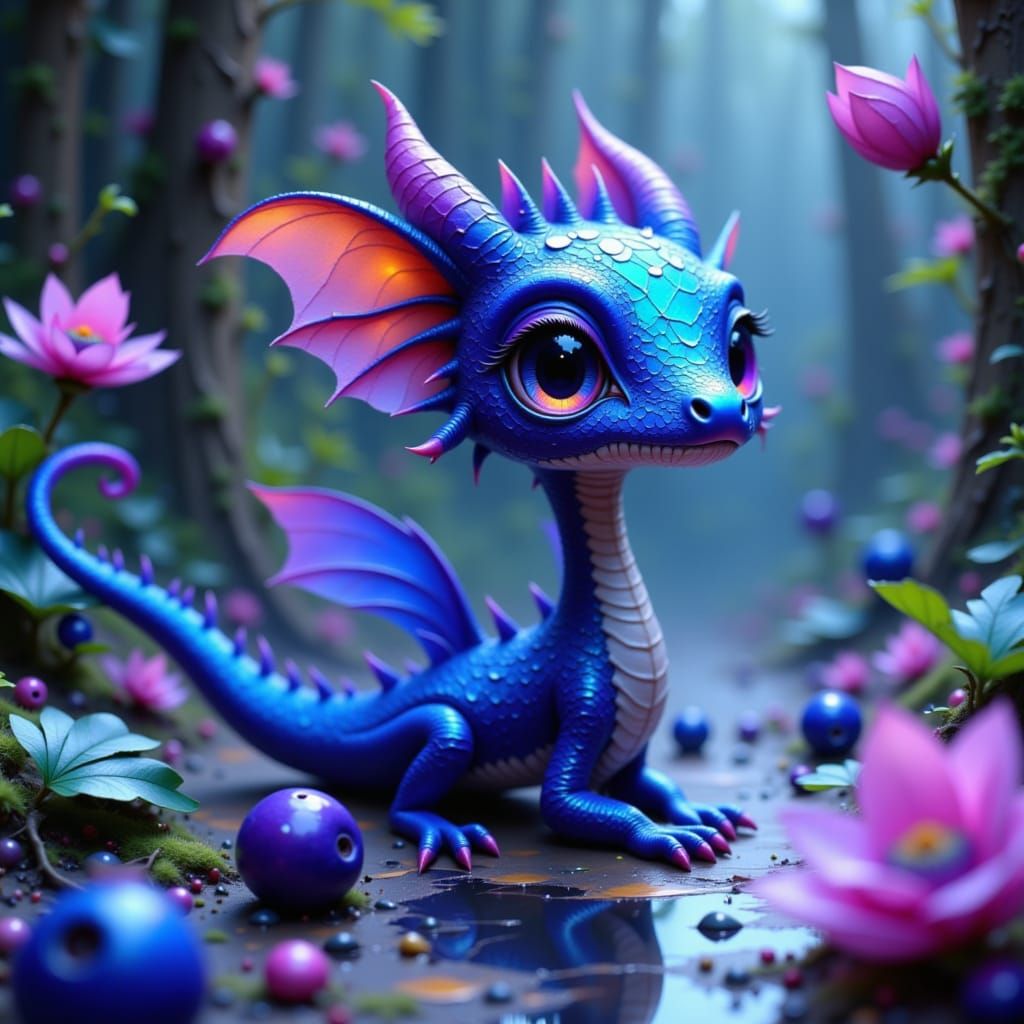 Iridescent Blueberry-Dragon Hybrid in Whimsical Style