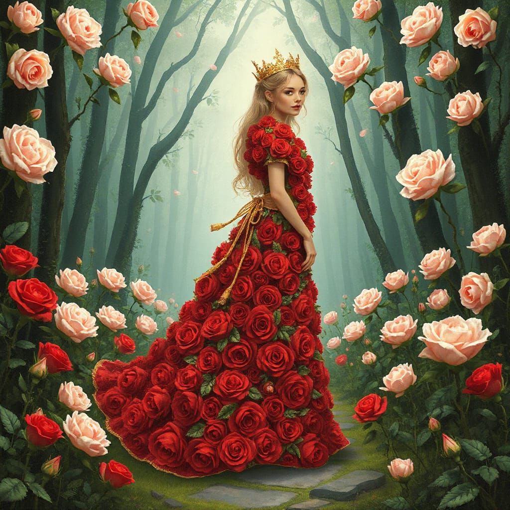 Ethereal Rose Queen in Enchanted Forest Illustration