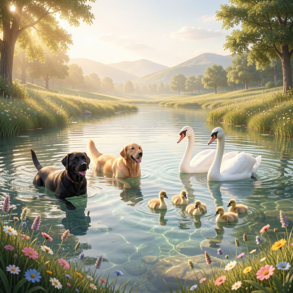 Dogs and Swans Swim in Tranquil Lake Scene