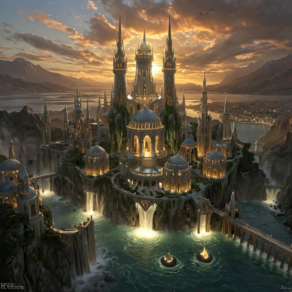 Elven City at Sunrise: Reflective Marble Towers