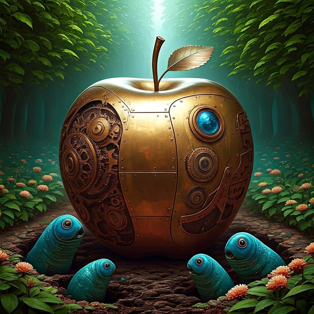 Mechanical Apple in Whimsical Steampunk Garden