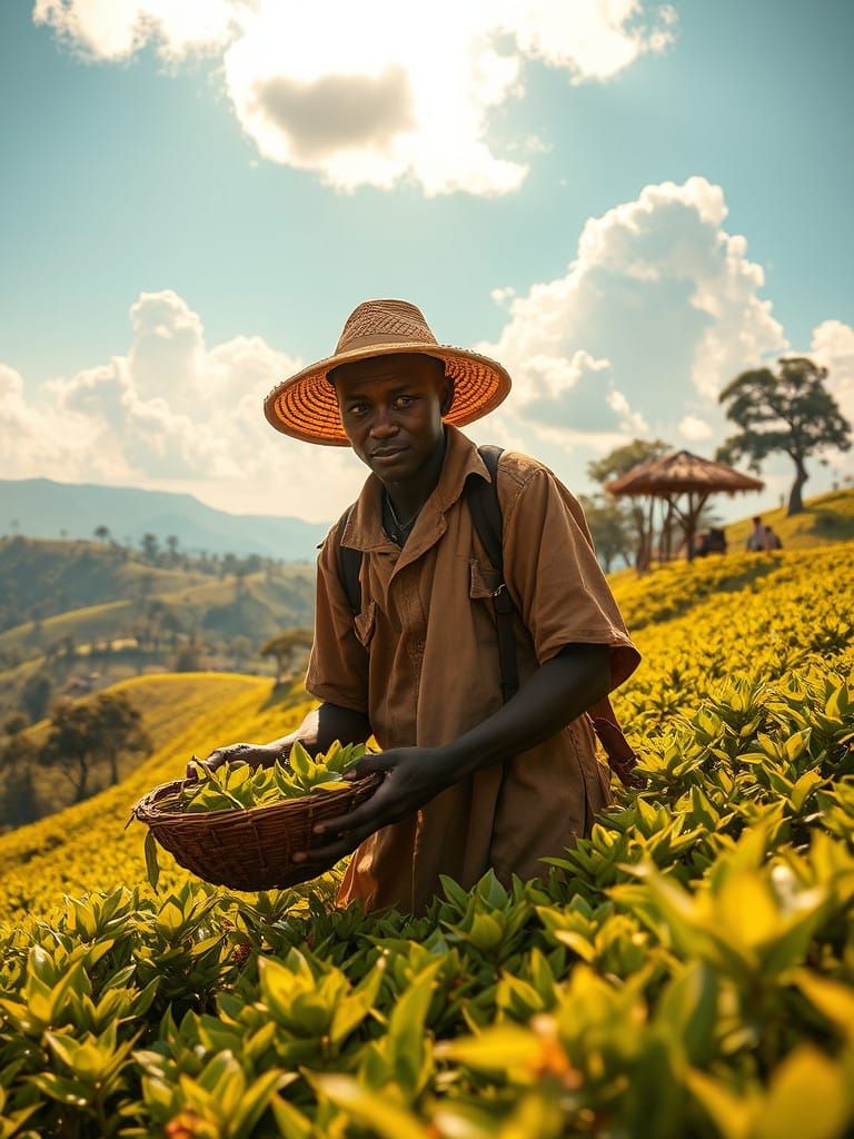 Kenyan Farmer in Idyllic Tea Landscape
