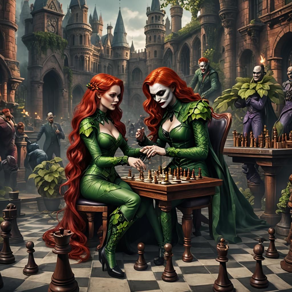 Poison Ivy and Joker Chess Match: Detailed Matte Painting