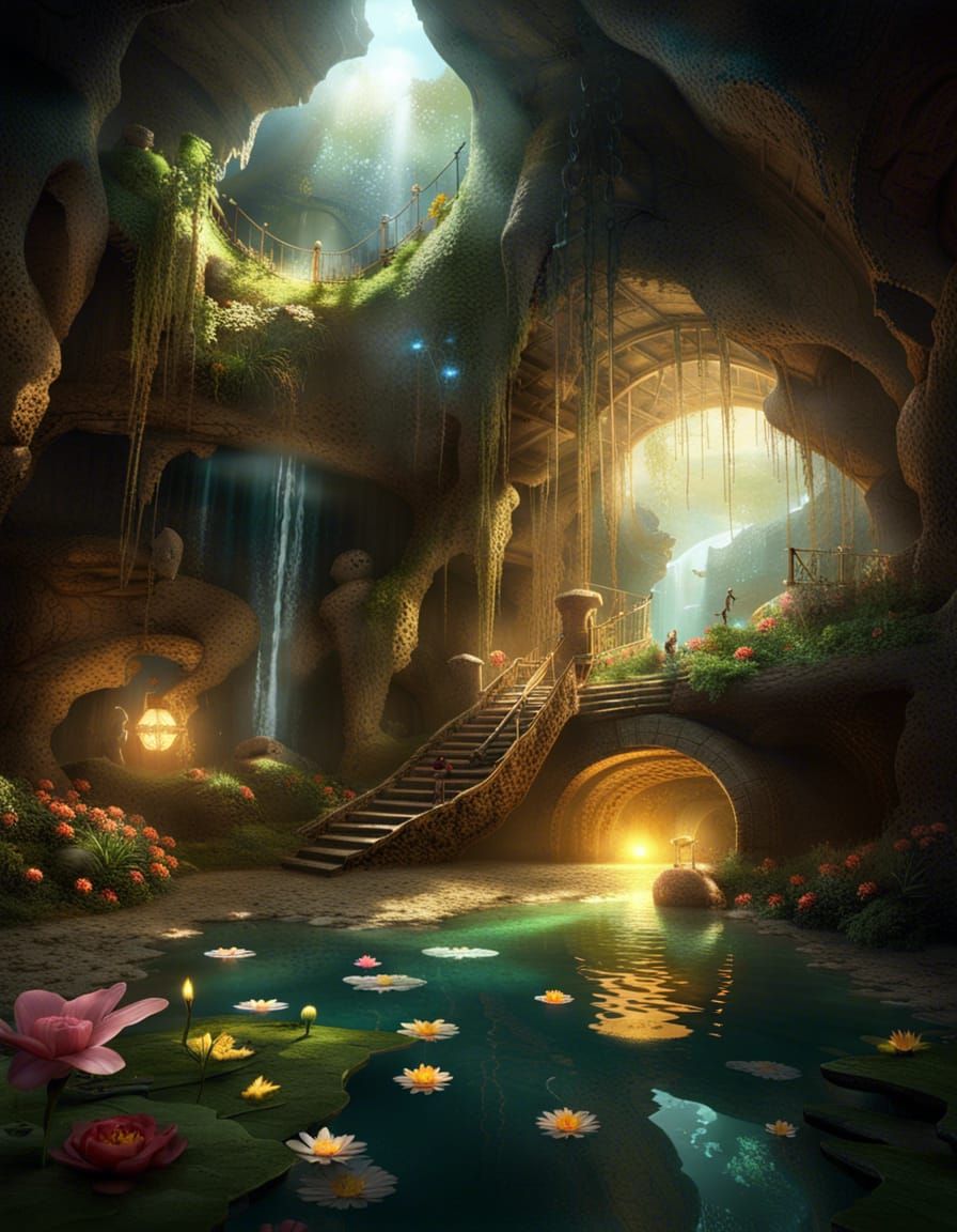 Magical Waterfall Flows into Glowing Cavern