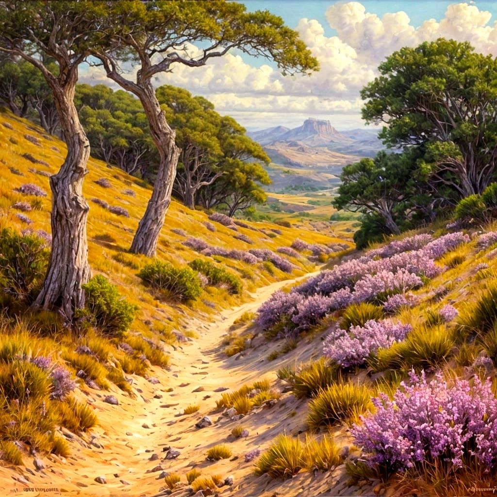 Heather Landscape with Juniper Trees and Sand Paths - Oil Pa...