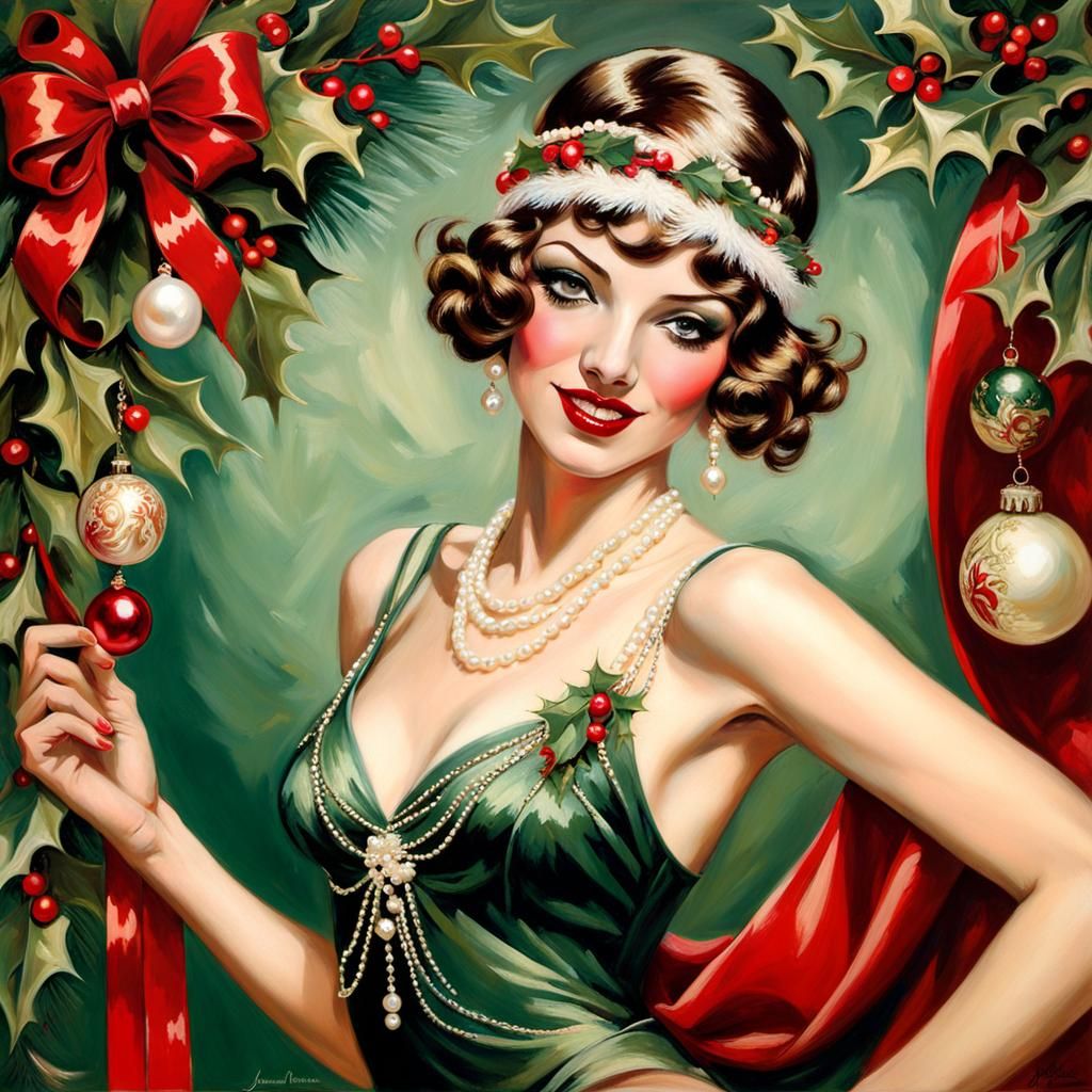 Christmas Flapper Girl in Art Nouveau Style