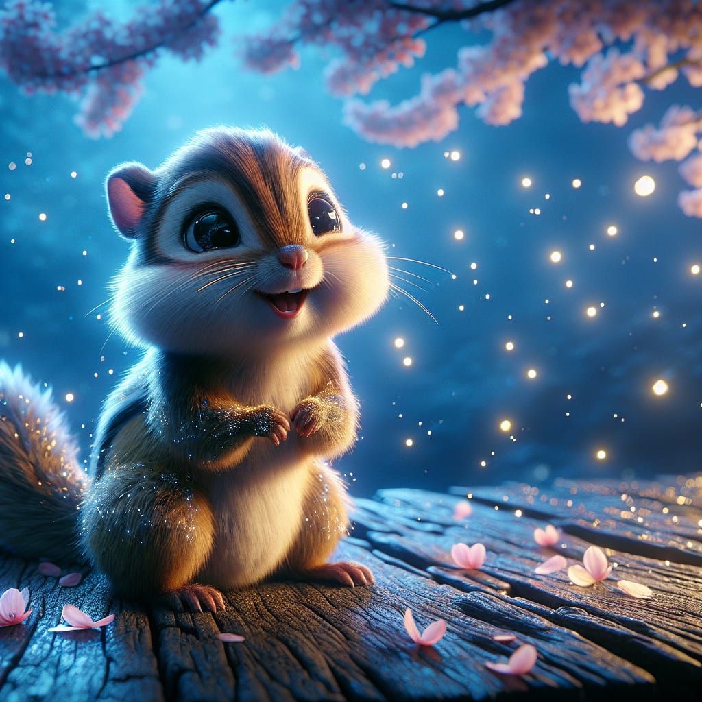 Gleeful Chipmunk in Magical Nightscape: Hyper-Realism