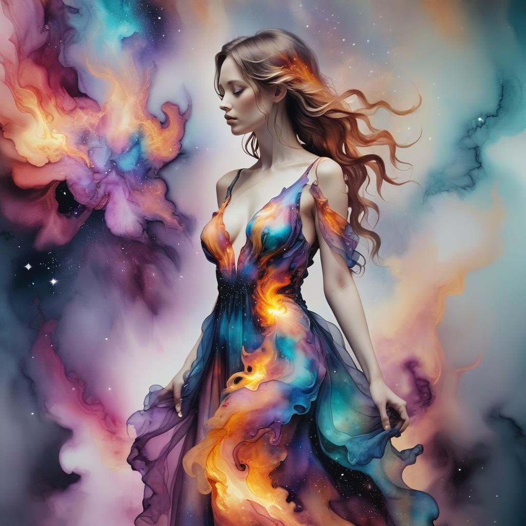 Ethereal Nebula Being in Alcohol Ink Style