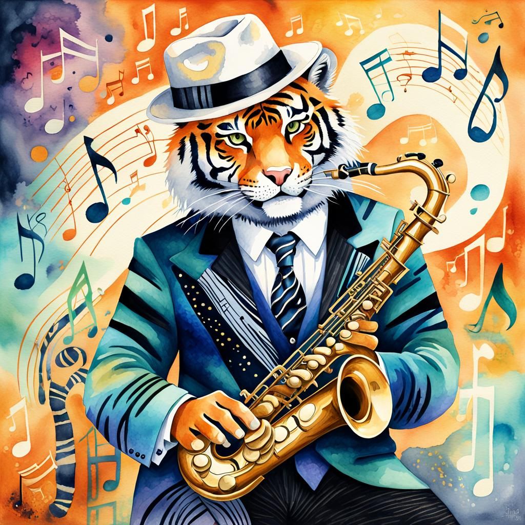 Tiger Saxophonist in Surreal Jazz Scene as Watercolor