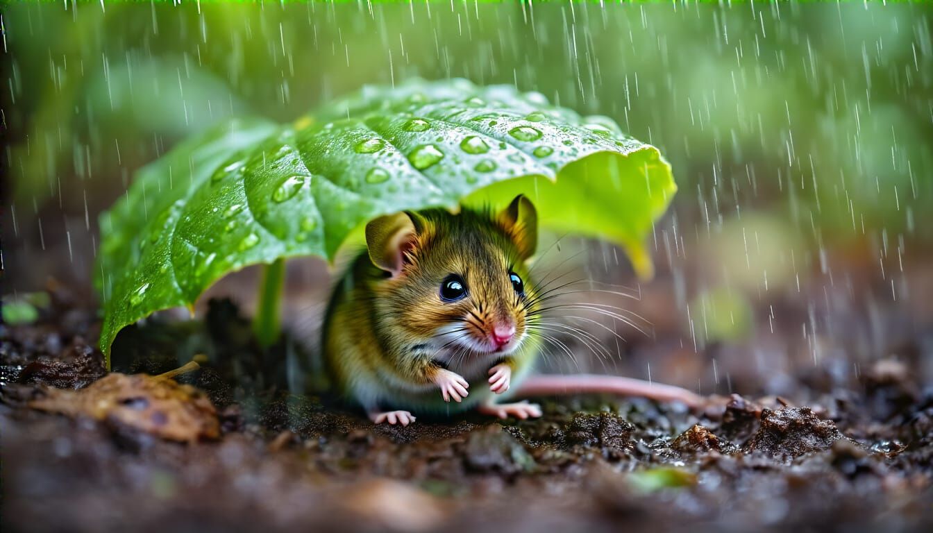 Mouse Sheltering Under Leaf in Rainy Forest