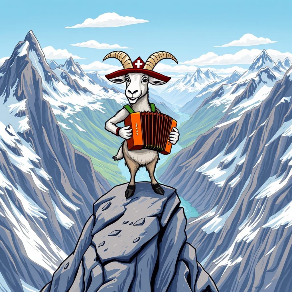 Whimsical Accordion-Playing Goat on Alpine Ridge