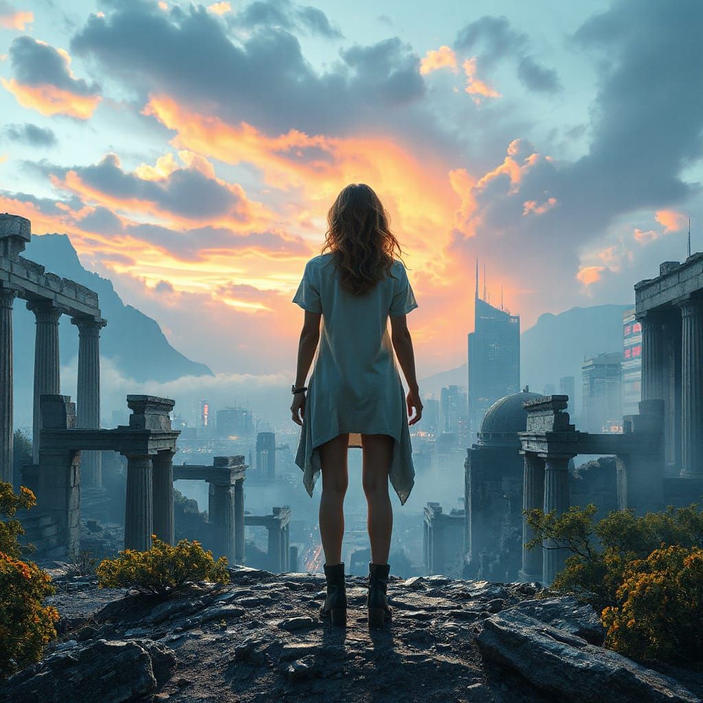 Timelines Collide: Woman in Cyberpunk Ruins