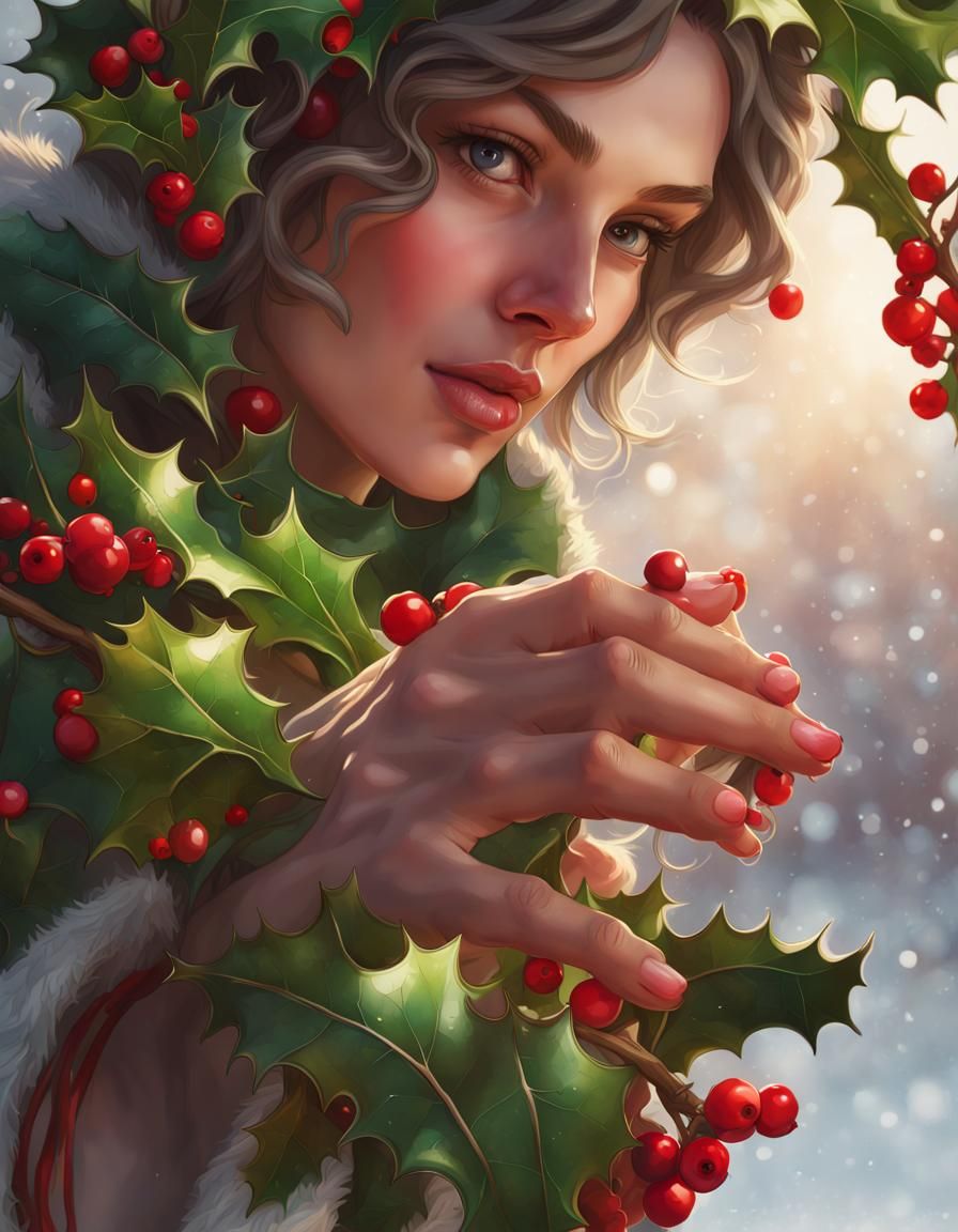 Festive Holly Branch Portrait in Digital Art Style