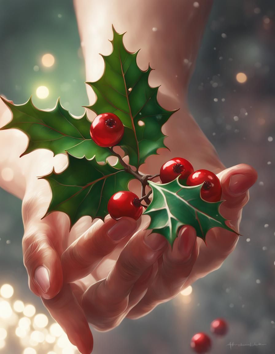 Christmas Holly Branch Art, Detailed Portrait