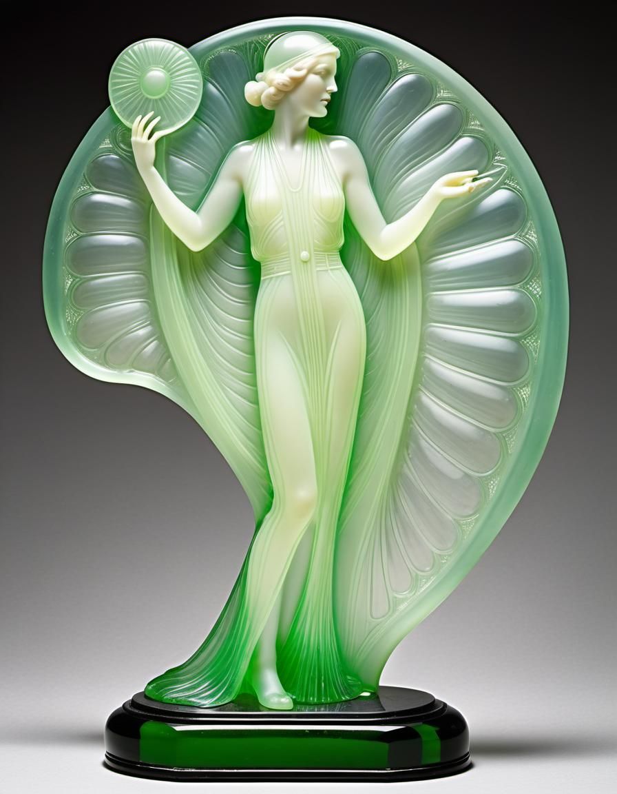 Uranium glass Art Deco sculpture in the style of French artists, Lucille Sevin and René Lalique, depicting a woman. Back...