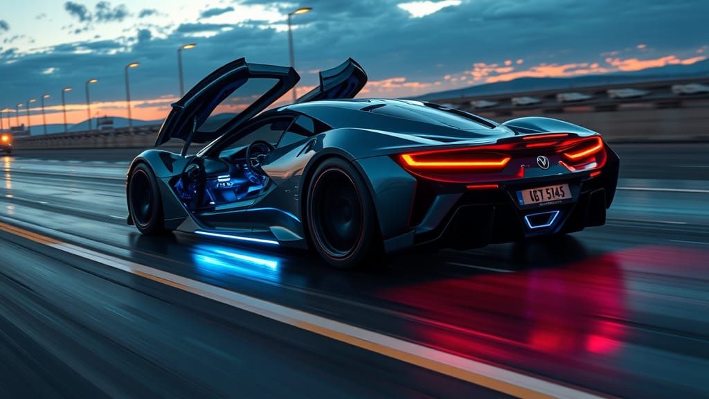 Futuristic Supercar Speeding Down a Neon Highway