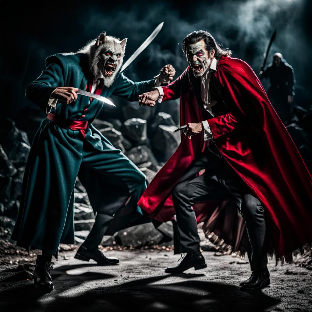 Wolfman and Dracula Knife Fight Spectated by Elves and Demon...
