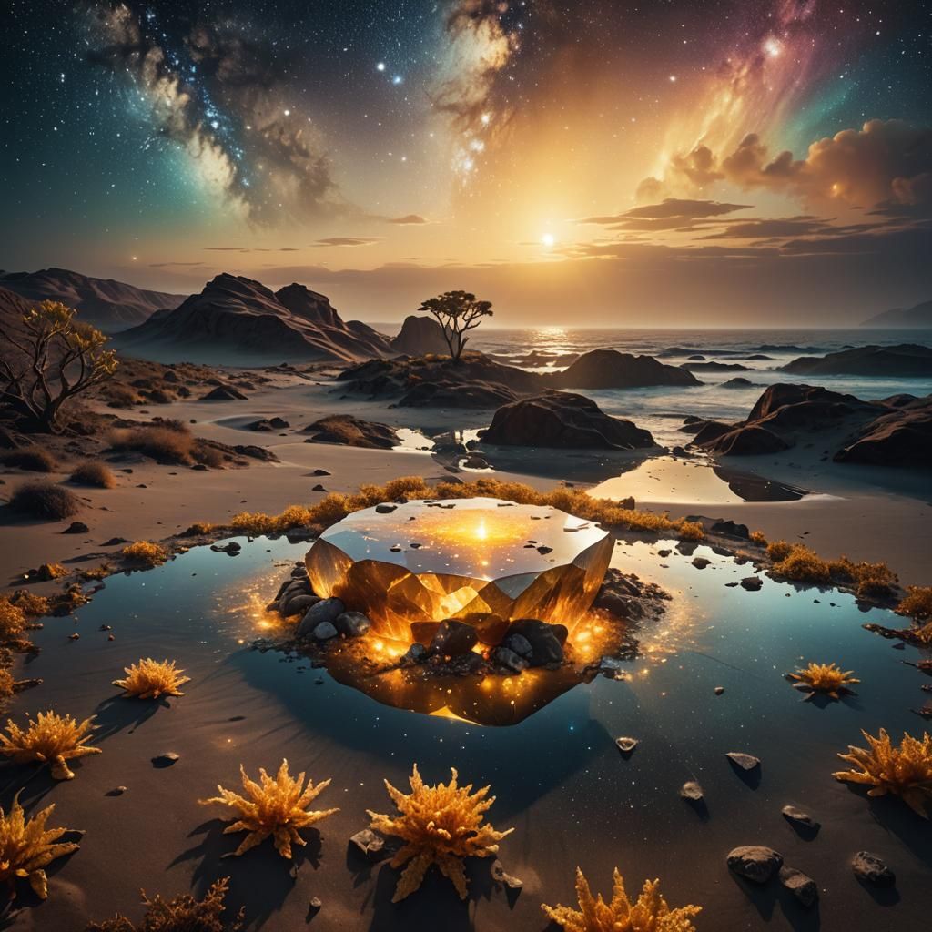 Golden Being in Surreal Cosmic Dreamscape