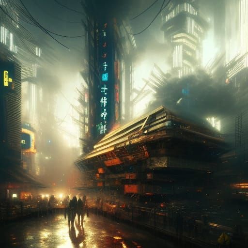 Cyberpunk Noah's Ark in Tokyo: Dark Fantasy Art