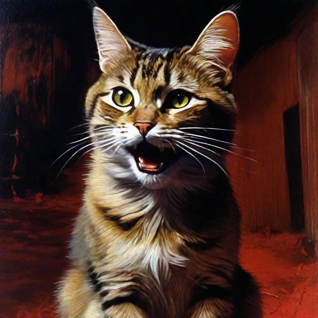 Hyperrealistic Rabid Cat in Oil Painting Style