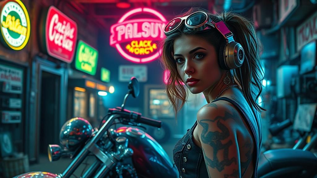 Dieselpunk Punk Rock Girl in Cyberpunk Saloon