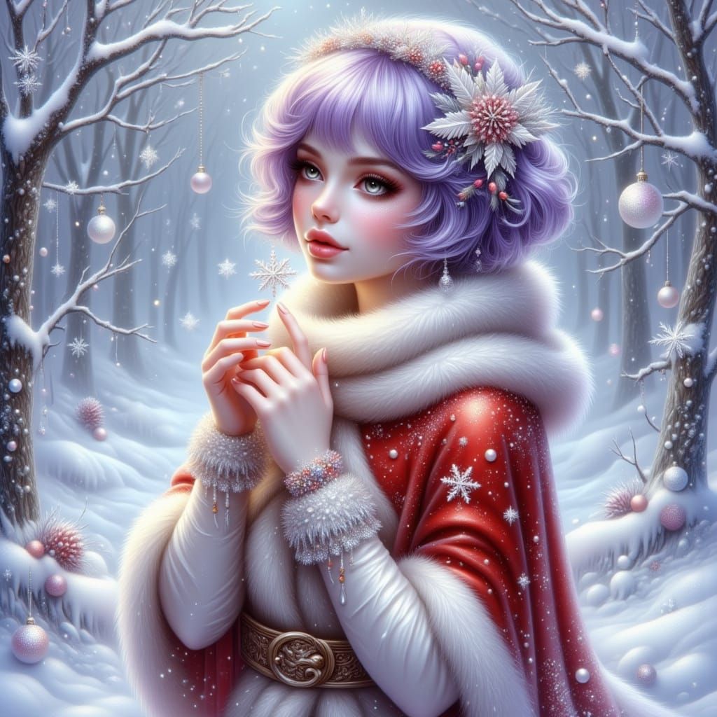 Ethereal Winter Woman in Christmas Cloak with Snowflake