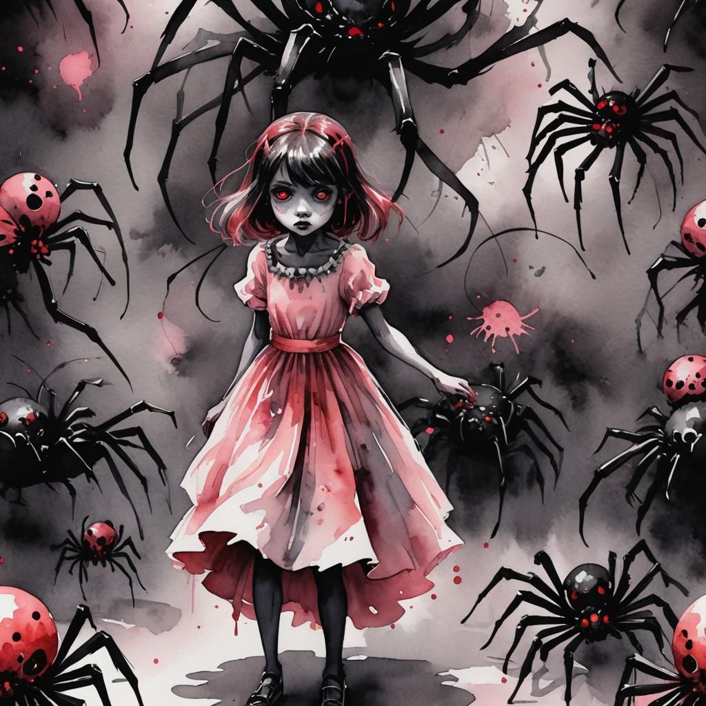 Girl Surrounded by Spider Demons in Watercolor Style