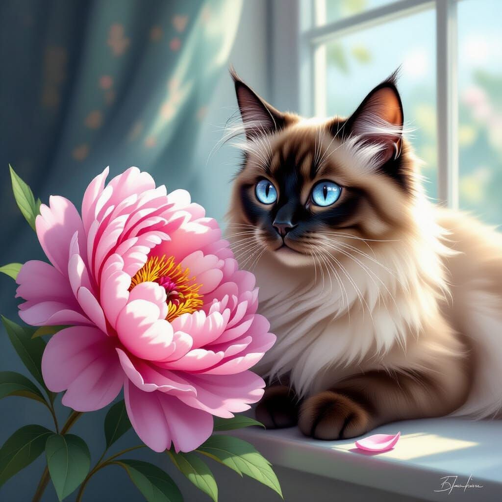 Siamese Cat Gazes at Pink Peony Flower