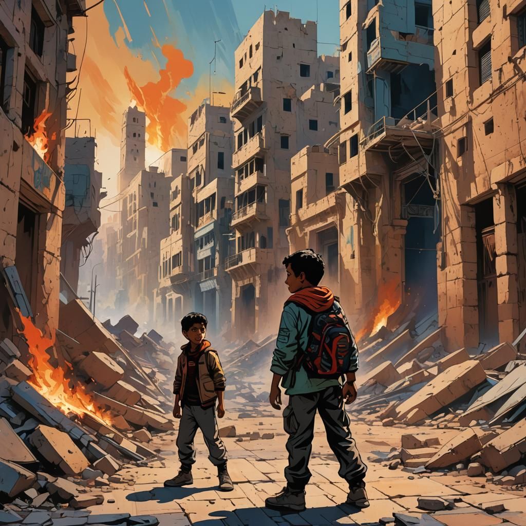 Palestinian Child in War-Torn Landscape, Dramatic Art