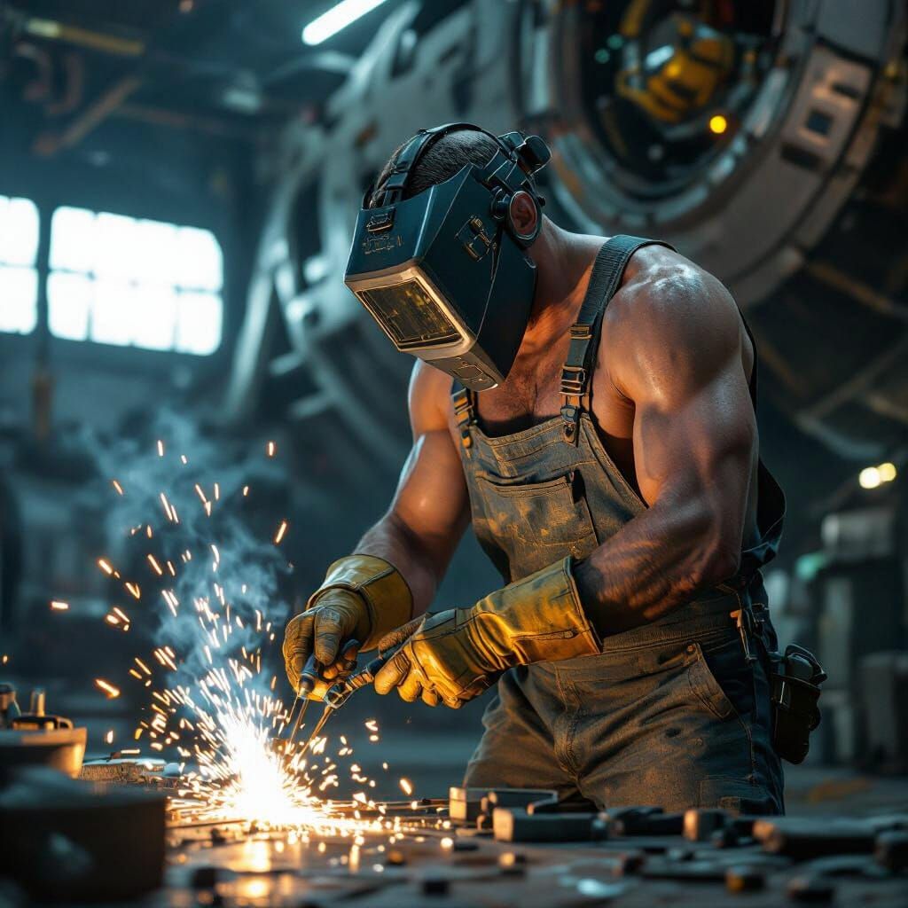 Cyborg Mechanic Repairs Spaceship Engine in Cyberpunk Style