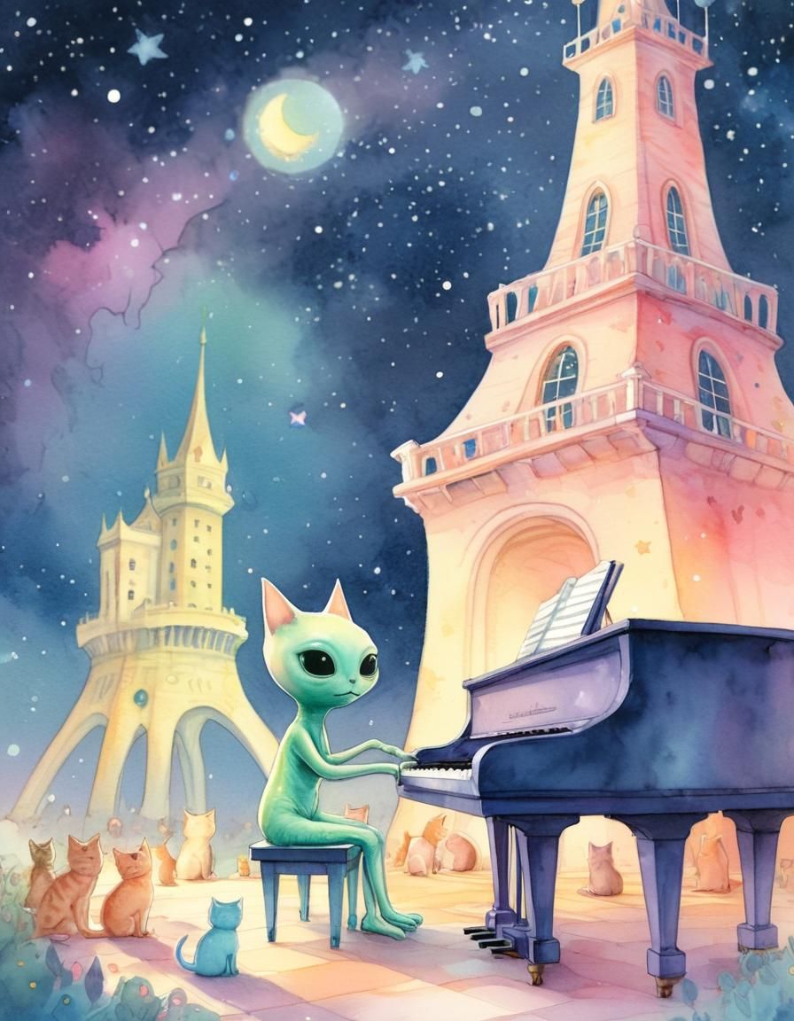 Alien Plays Piano for Cats: Whimsical Concept Art
