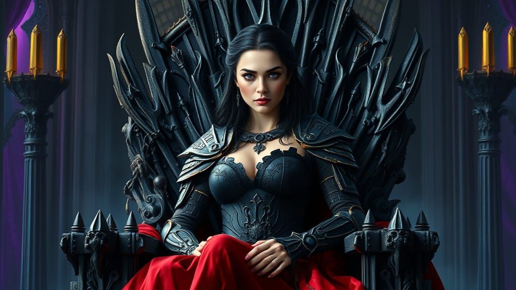 Elegant Queen Warrior on Iron Throne, Dark Fantasy, Oil Pain...