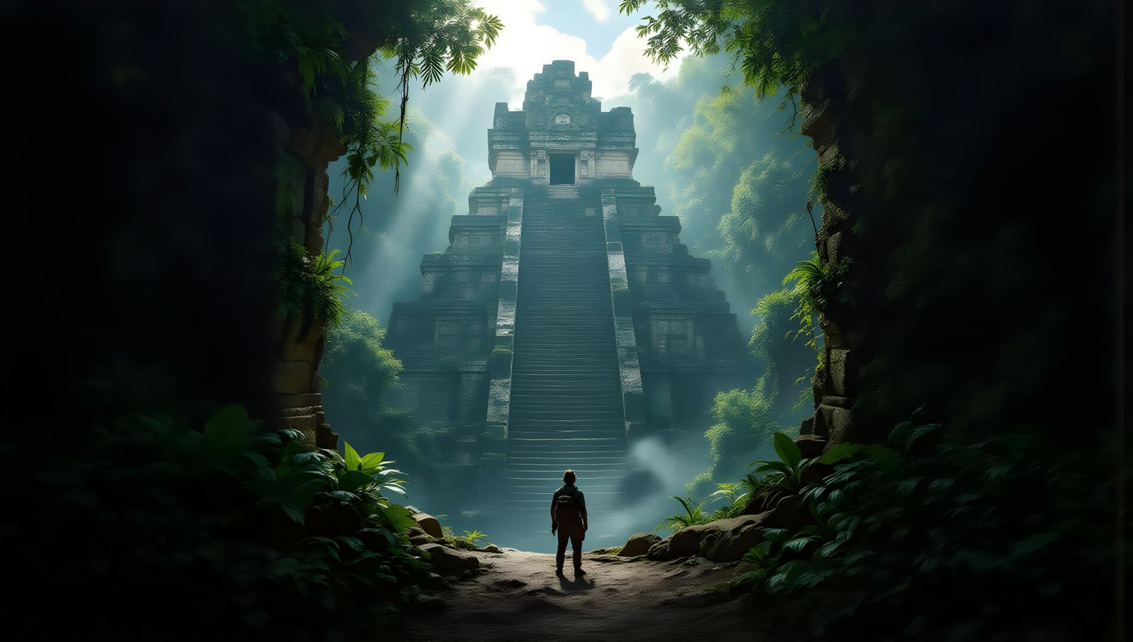 Explorer at Overgrown Mayan Pyramid in Jungle Light