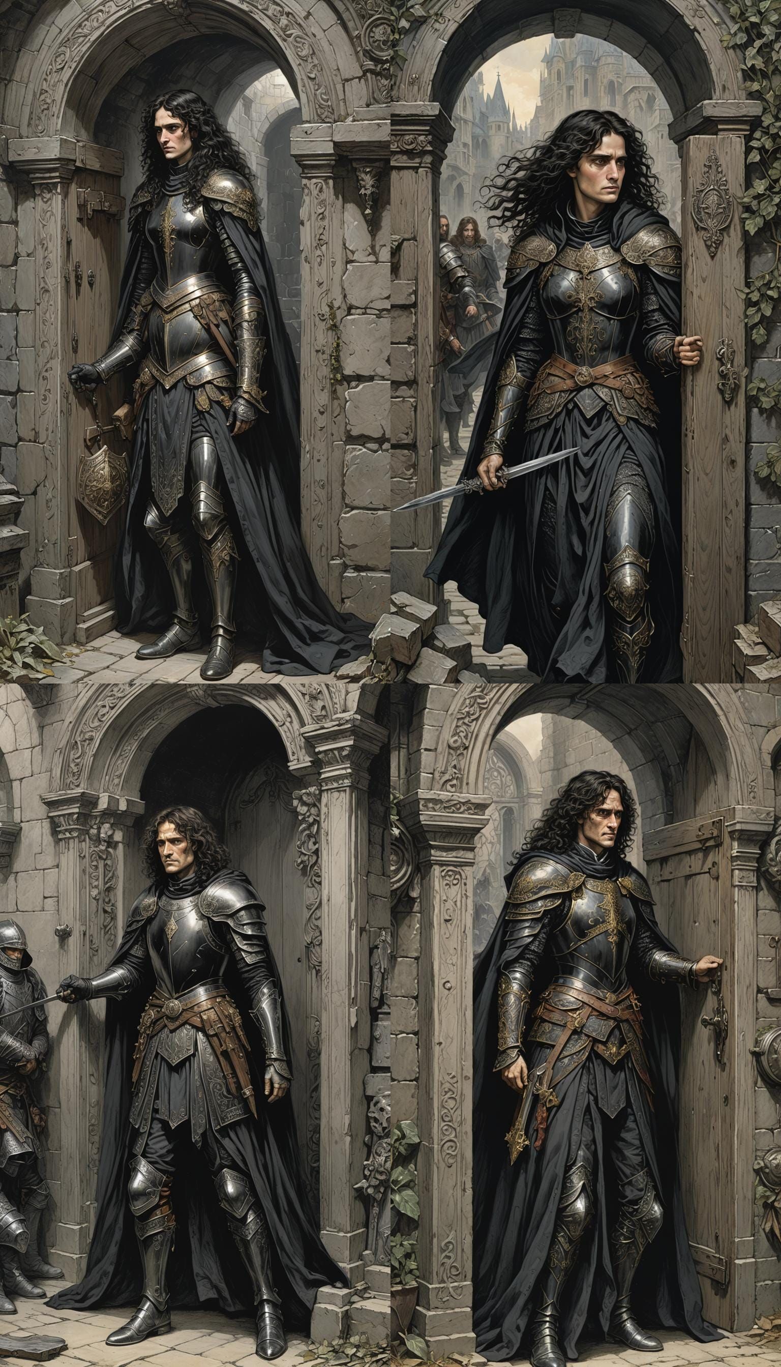 Fantasy Paladin in Armor Pushing Wardrobe, Gustave Doré Styl...