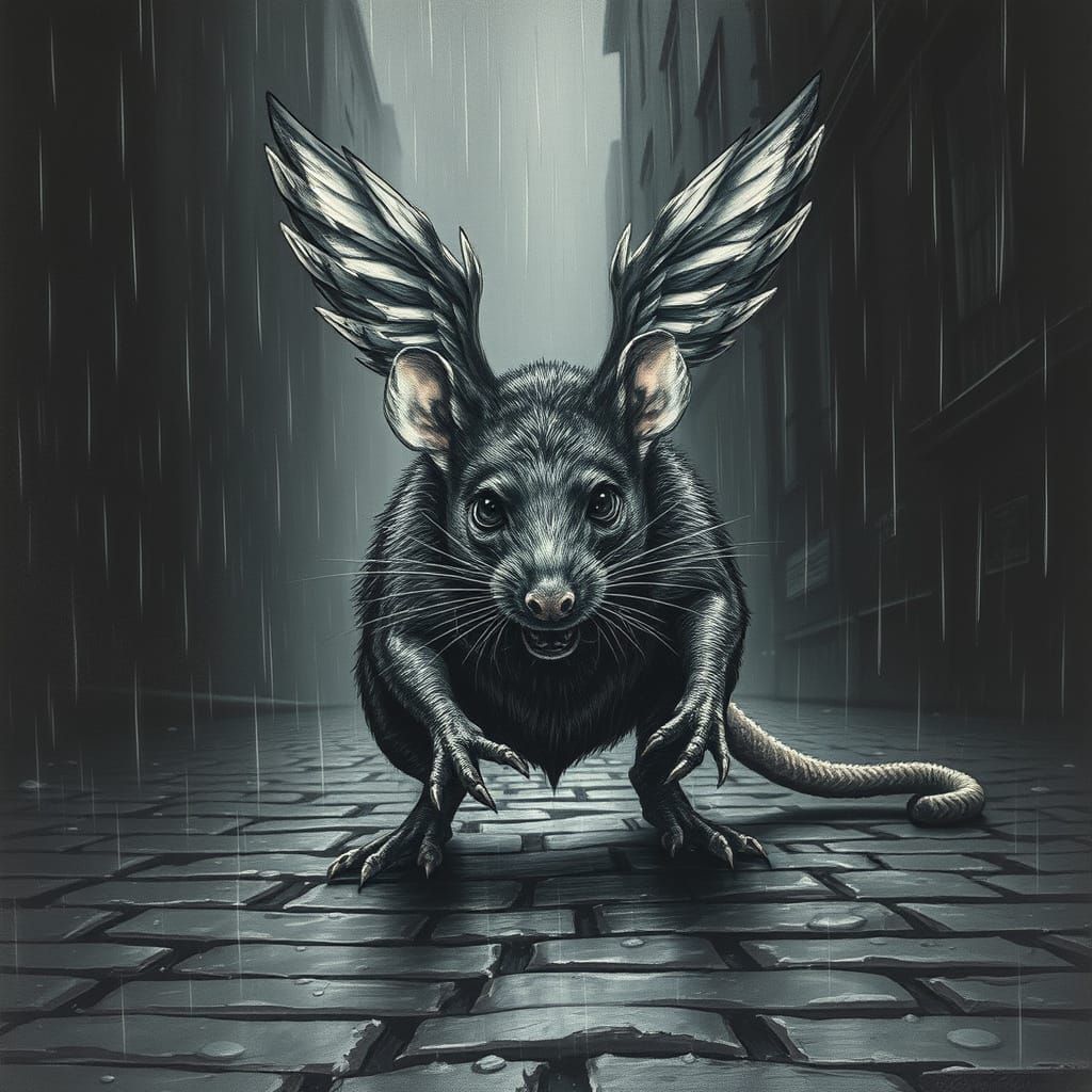Gothic Rat Angel Soars Amidst Rainy Streets