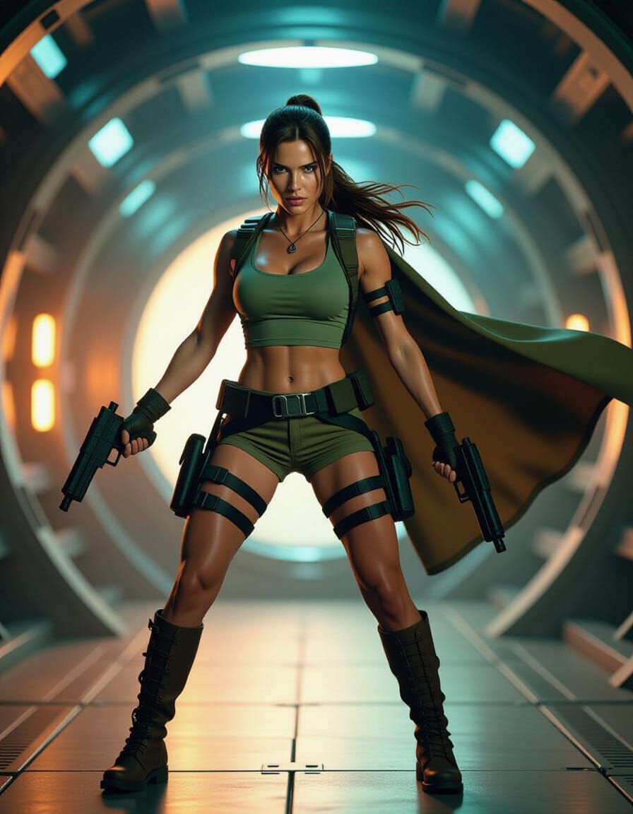 Lara Croft on Space Station in Cinematic Style