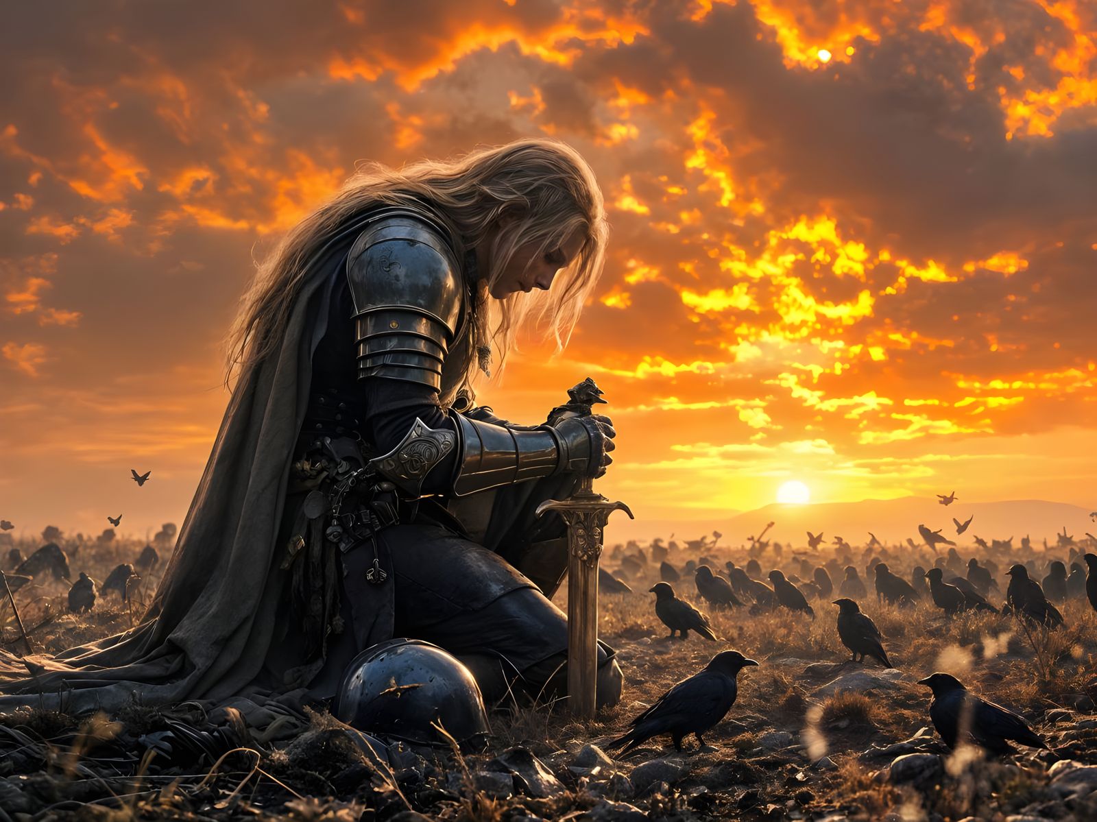 Armored Knight in Prayer Amidst Fallen Soldiers