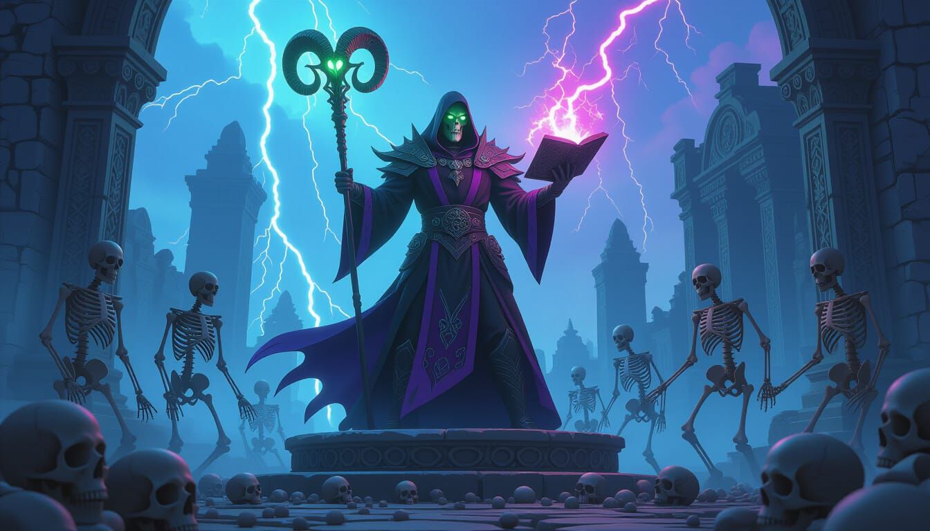 Skeletor the Necromancer in an Epic Fantasy Landscape