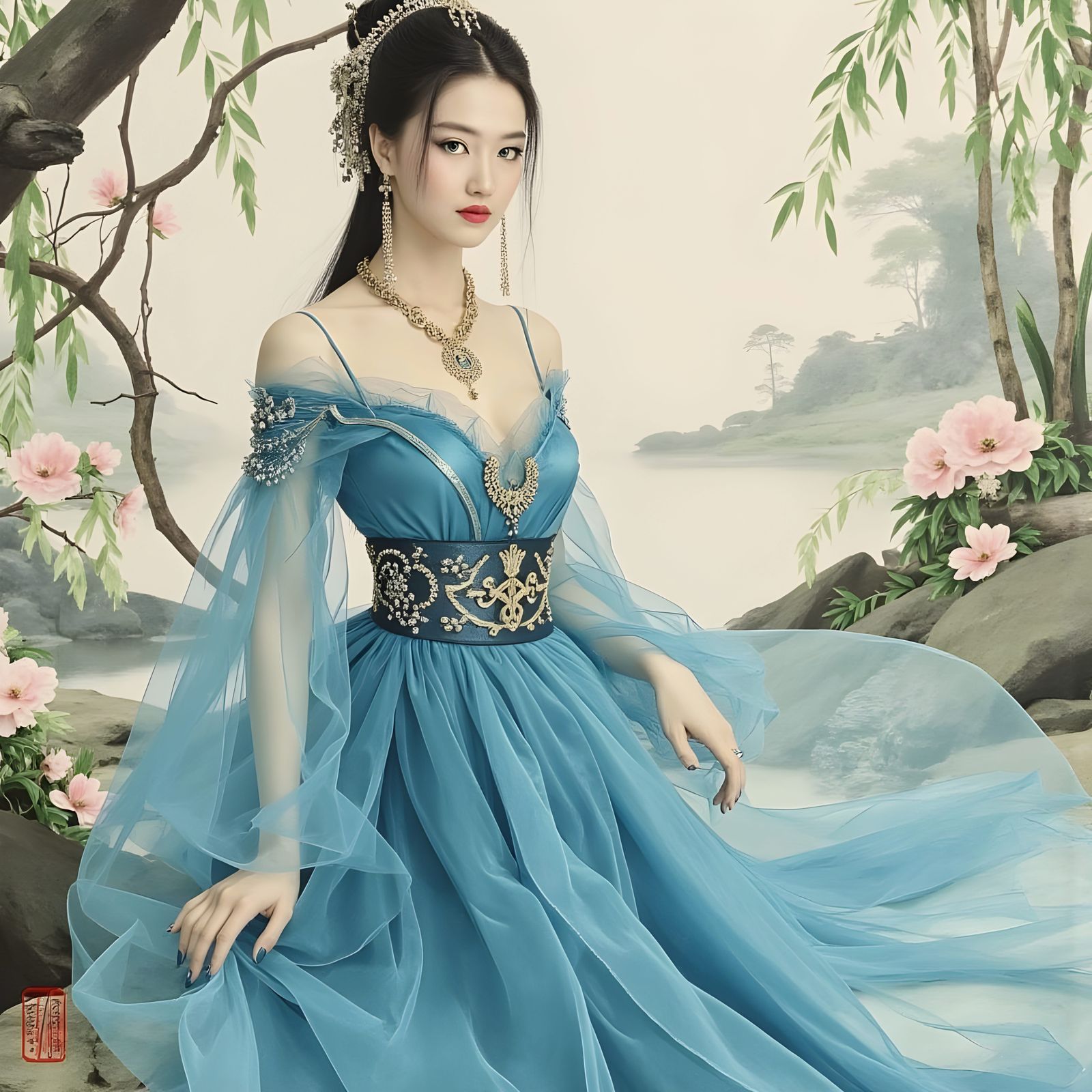 Regal Chinese Princess in Elegant Blue Attire