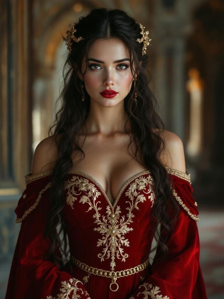 Medieval Queen with Red Velvet Gown in Castle