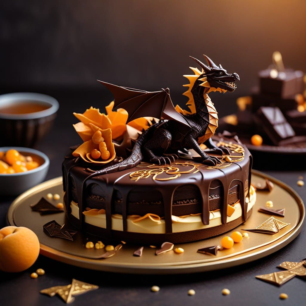 Chocolate Dragon on Sacher Torte in Papercraft Style