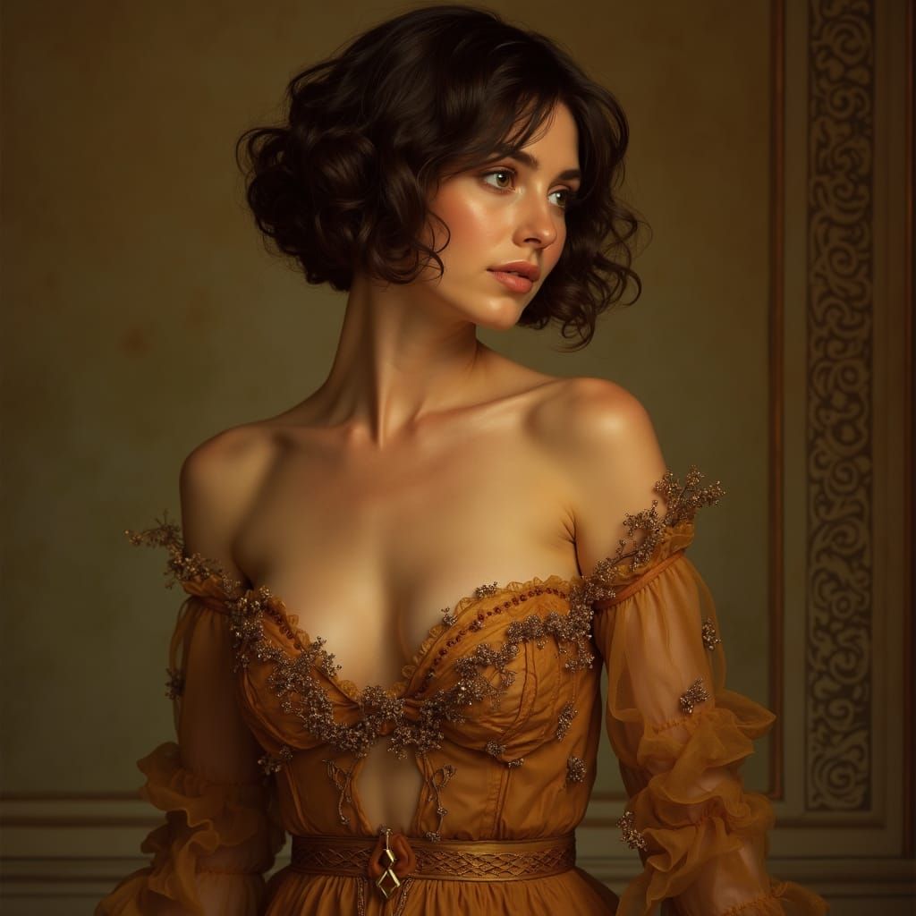 Elegant Brunette Woman in the Style of Alphonse Mucha