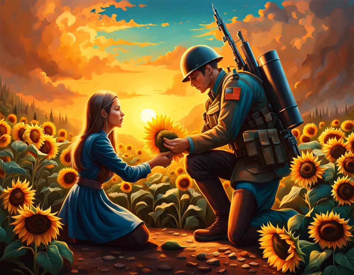 Soldier Receives Sunflower: Hyperrealistic Splash Art