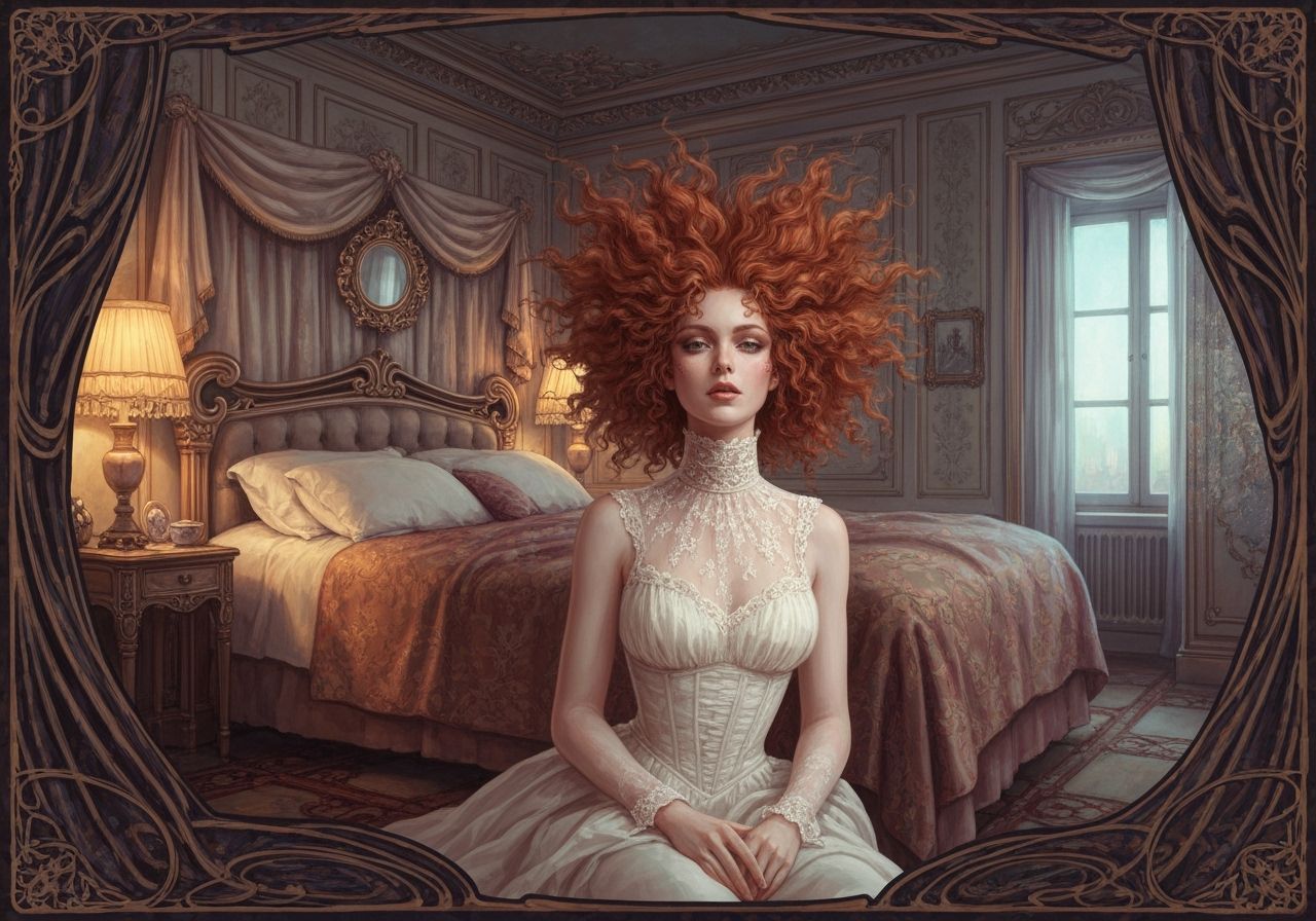 Sensual Victorian Woman in Opulent Bedroom, Art Nouveau Styl...