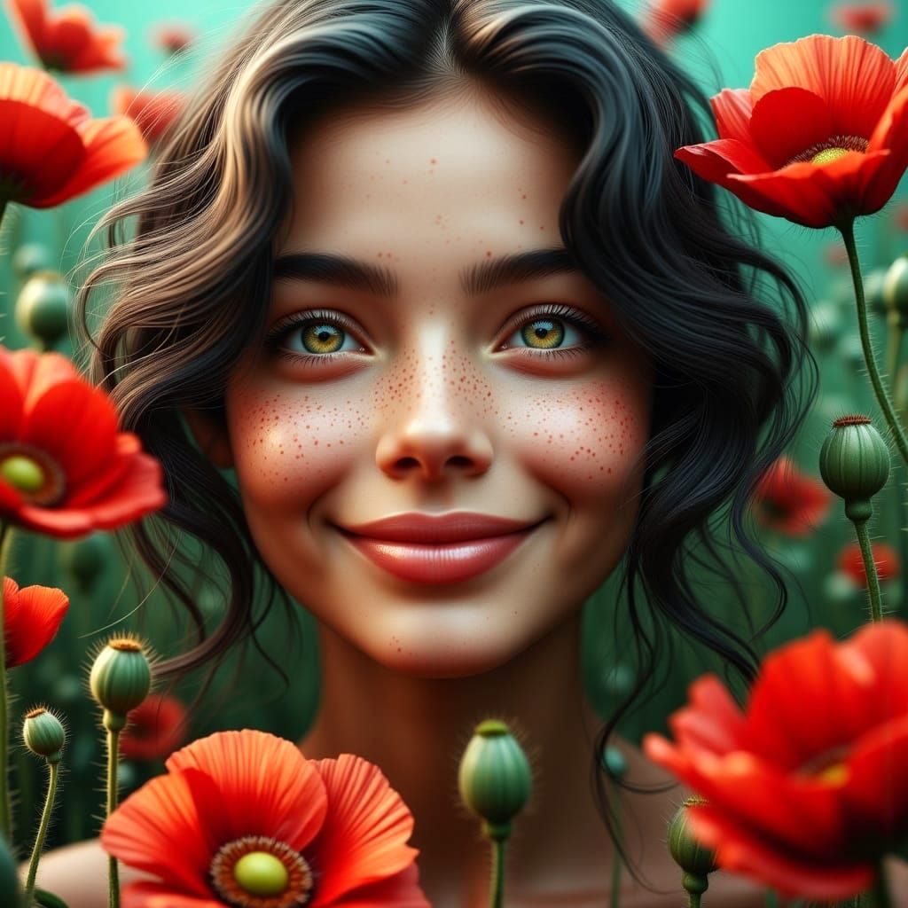 Hyperrealistic Portrait of a Teenager Amidst Vibrant Red Pop...