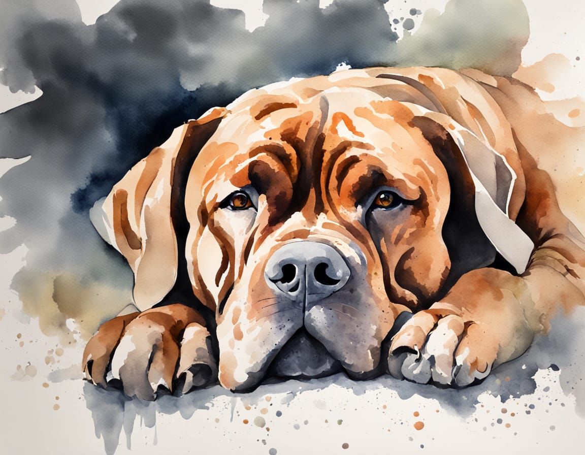 Watercolor French Mastiff Portrait in Expressive Brushstroke...