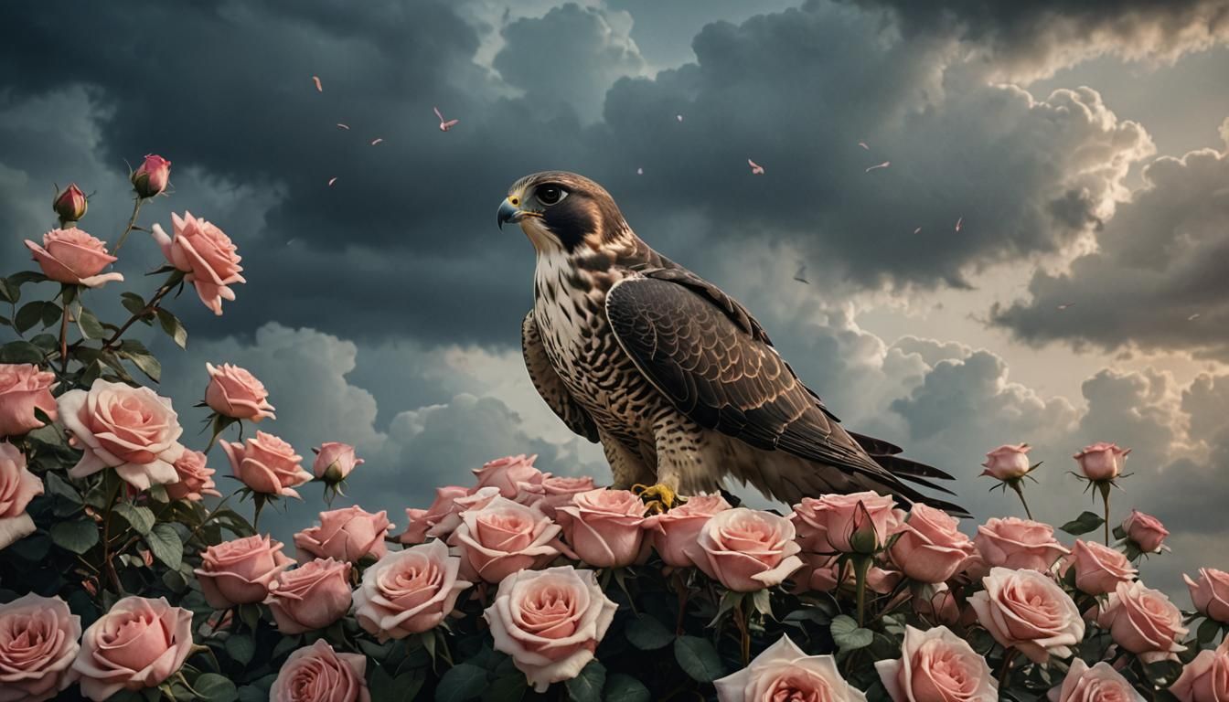 Falcon on Roses in Atmospheric Wildlife Photography