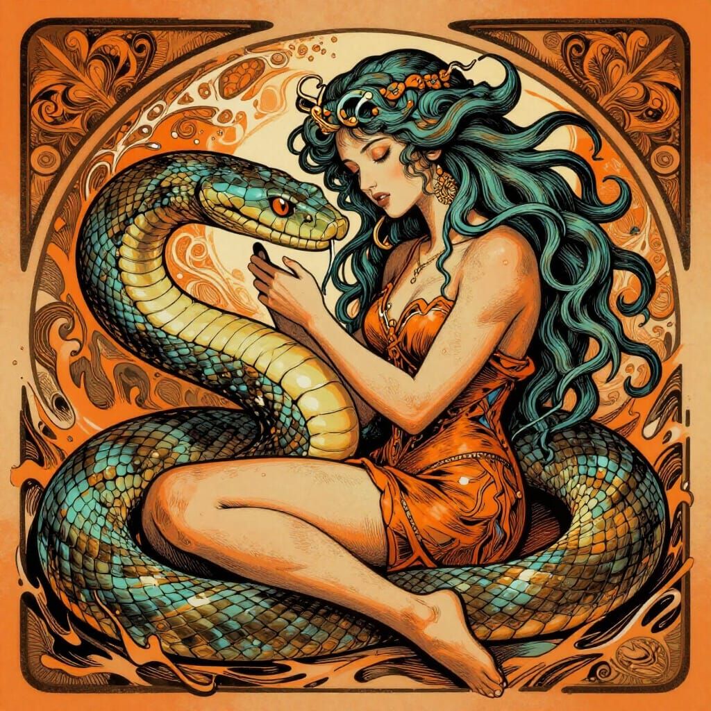 Medusa Cuddling Giant Snake in Alcohol Ink Style