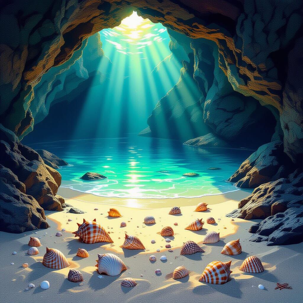 Seashells in Grotto: Dreamy Digital Art